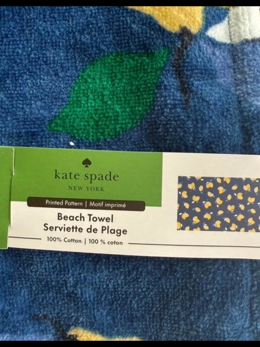 Kate Spade navy and yellow lemon print towel